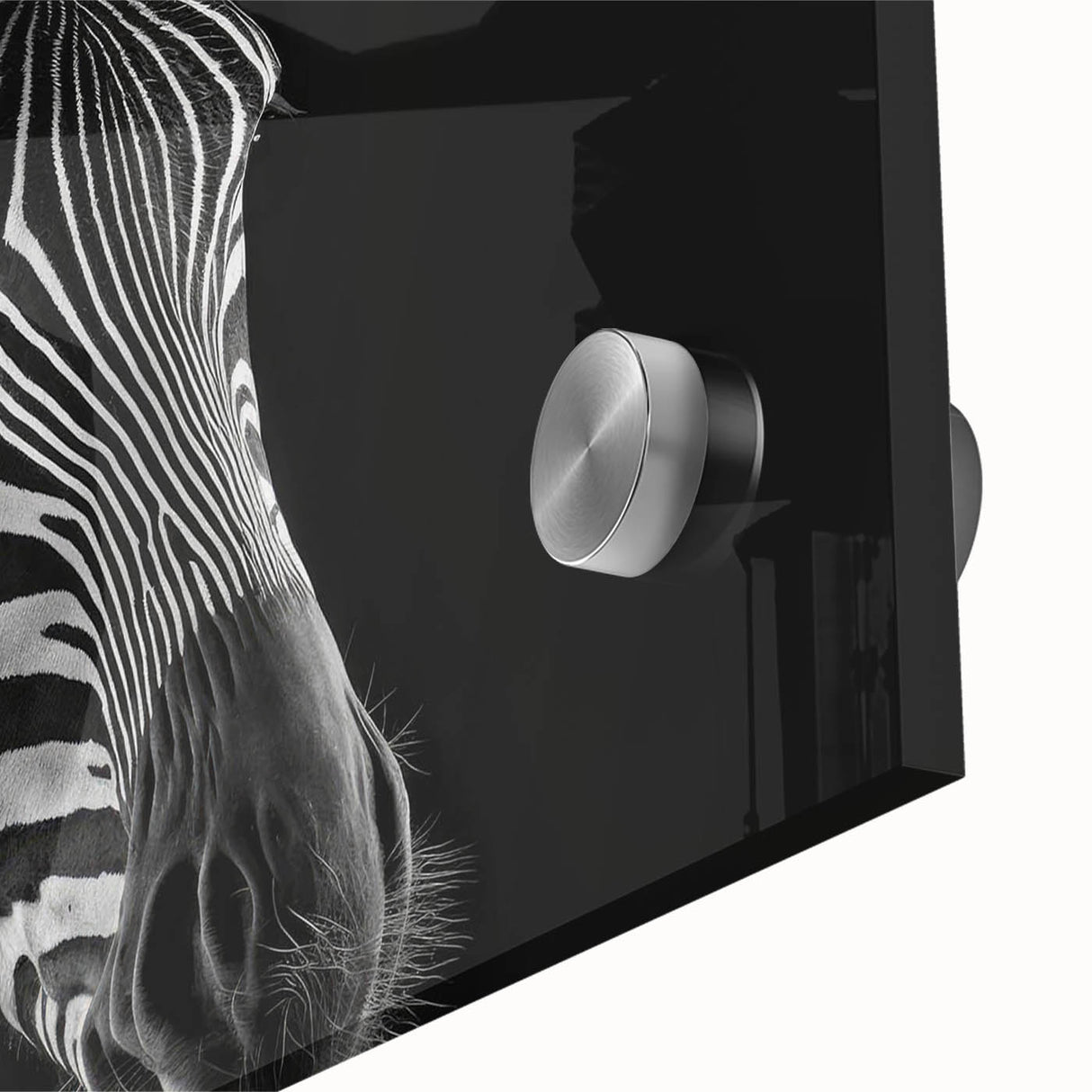 Close-up of a striking zebra design wall art piece, showcasing vibrant black and white stripes on acrylic glass, perfect for modern animal-themed decor. Ideal for enhancing living spaces or galleries with a touch of wildlife elegance.