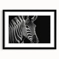Zebra-themed wall art design framed in elegant black, showcasing a striking monochrome pattern perfect for modern home decor. Ideal for animal lovers and art enthusiasts.