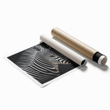 Zebra wall art print featuring a striking black-and-white design, showcasing detailed stripes against a vibrant background, ideal for wildlife enthusiasts and home decor.
