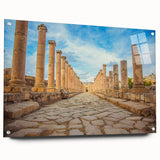 Acrylic print of ancient ruins in muted earth tones, suitable for dining room or bedroom decor.
