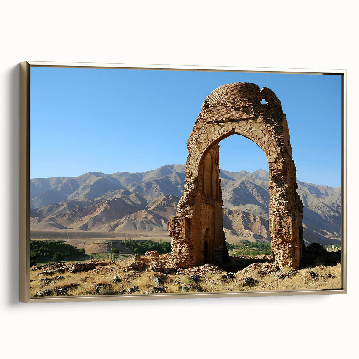 Framed canvas depicting ancient ruins in black and gold tones, suitable for bedroom wall art with a vintage poster style.