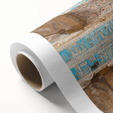 Art deco poster of ancient ruins in muted earth tones on rolled canvas, ideal for nursery wall art or dining room decor.