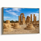 Vintage poster art of ancient ruins in muted gold and black tones on a framed canvas, suited for living room decor.