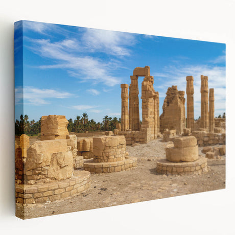 Ancient ruins depicted in a realistic style on a large stretched canvas, using earthy color tones.
