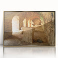 Acrylic print of ancient ruins in gold frame, with a mid-century modernist style, suitable for modern art wall decor.