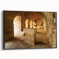 Black and white framed canvas of ancient ruins landscape, ideal for bedroom wall art in a vintage poster style.
