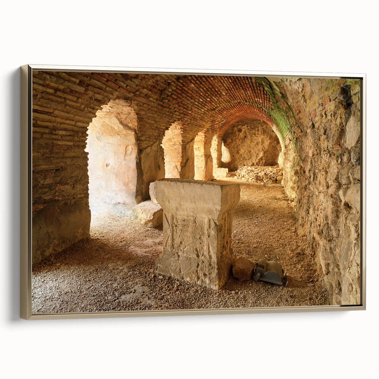 Framed canvas depicting ancient ruins in a landscape, rendered in black and gold tones, suitable for bedroom wall art.