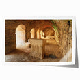 Ancient ruins depicted in muted earth tones on a rolled canvas, suitable for art wall dining room.