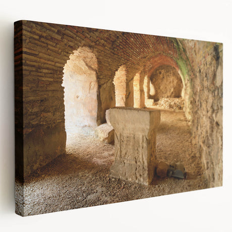 Side view of a stretched canvas featuring ancient architectural ruins in earthy tones, suitable for kitchen wall art.