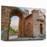 Acrylic print of ancient ruins in muted earth tones, suitable for bedroom or dining room decor.
