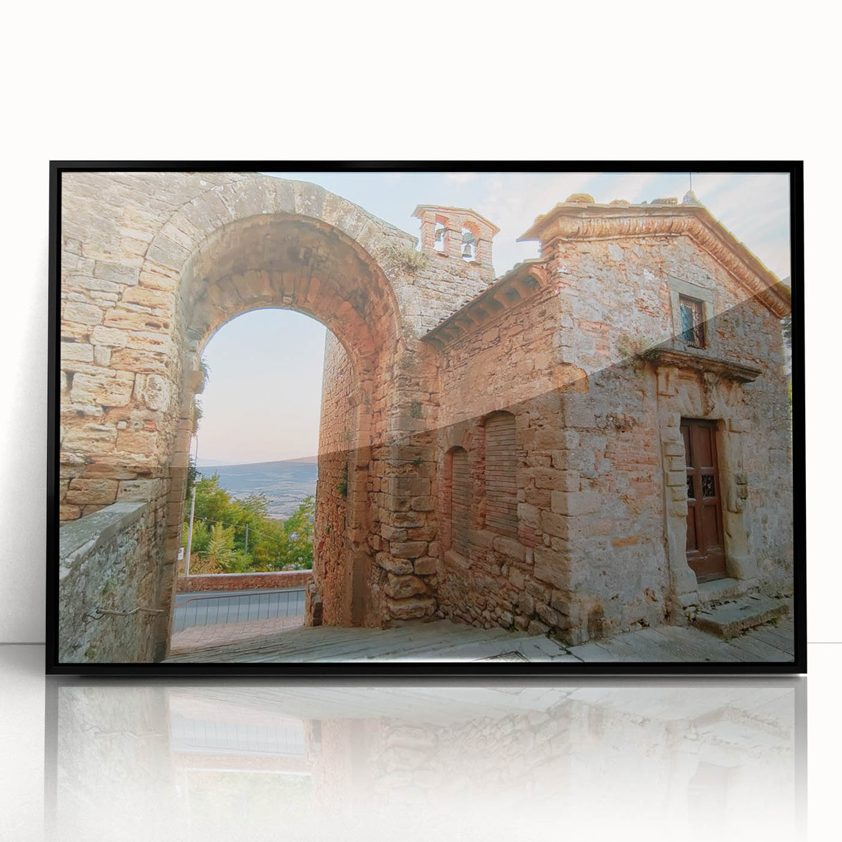Large abstract wall art depicting ancient ruins in muted earth tones on a framed acrylic, suitable for modern art wall decor.