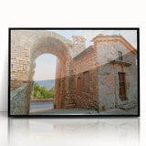 Large abstract wall art depicting ancient ruins in muted earth tones on a framed acrylic, suitable for modern art wall decor.