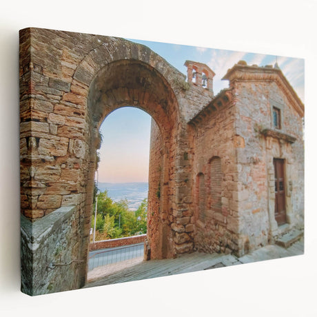 Ancient ruins depicted in muted earth tones on a stretched canvas, ideal for kitchen wall art.