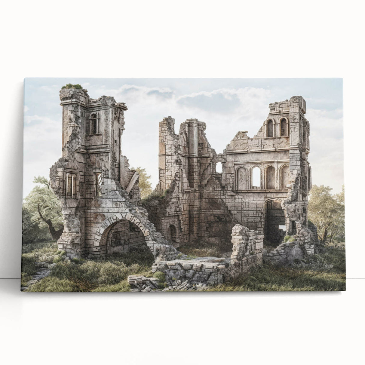 Black and white large art print of ancient ruins on stretched canvas, suitable as kitchen wall art or for bedroom ambiance.