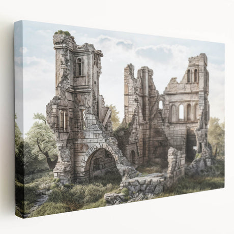 Side view of a stretched canvas featuring ancient ruins architecture in earth tones, suitable for kitchen wall art.