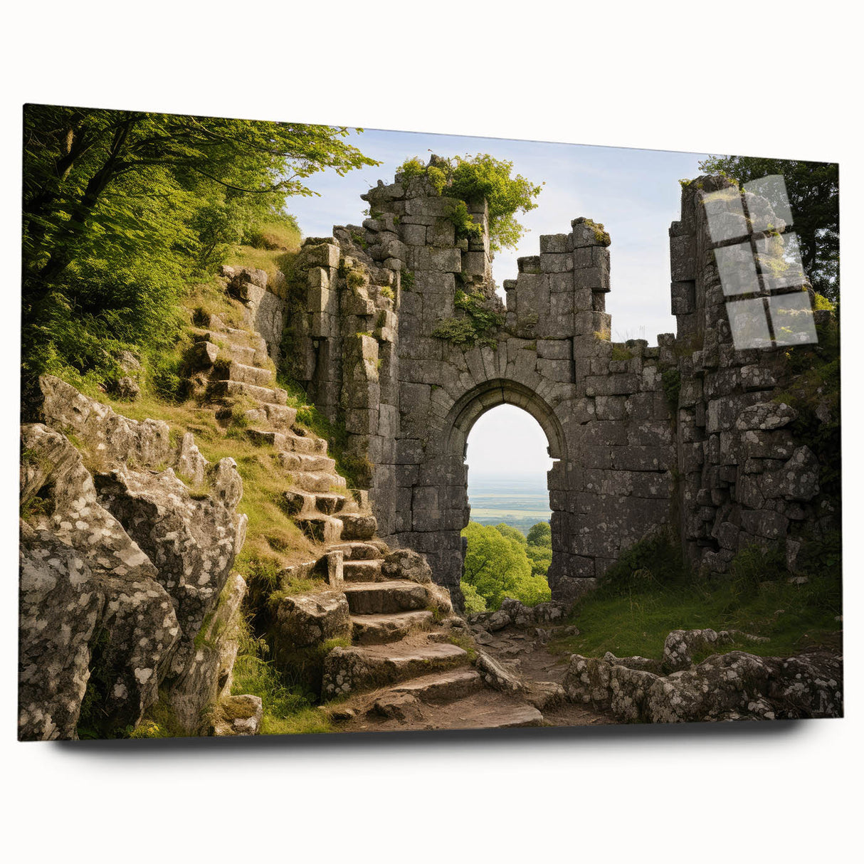 Acrylic print of ancient ruins in muted earth tones, ideal for bedroom or dining room decor.