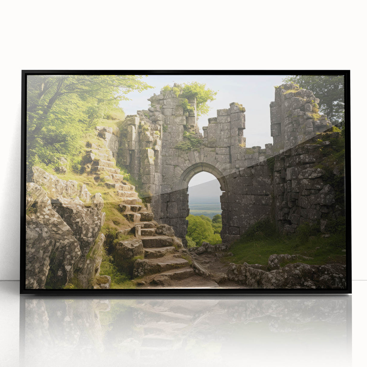 Large abstract wall art depicting ancient ruins in muted earth tones, framed in black acrylic.