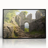 Large abstract wall art depicting ancient ruins in muted earth tones, framed in black acrylic.