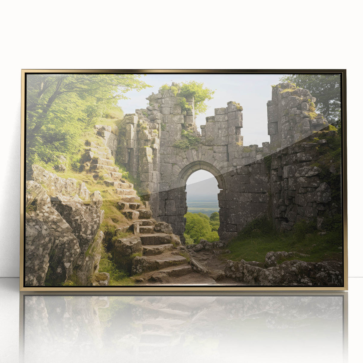 Mid-century modernist large art print depicting ancient ruins, framed in gold acrylic, suitable for nursery wall art.