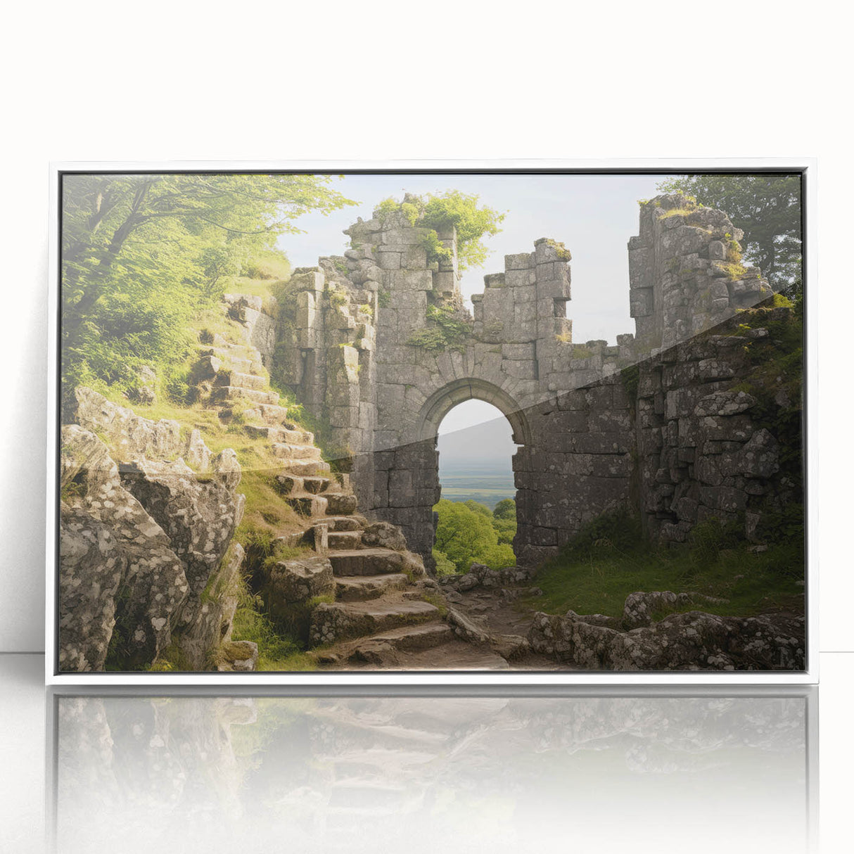 Art deco poster of ancient ruins in muted gray and blue tones, framed acrylic, ideal for nursery wall art.