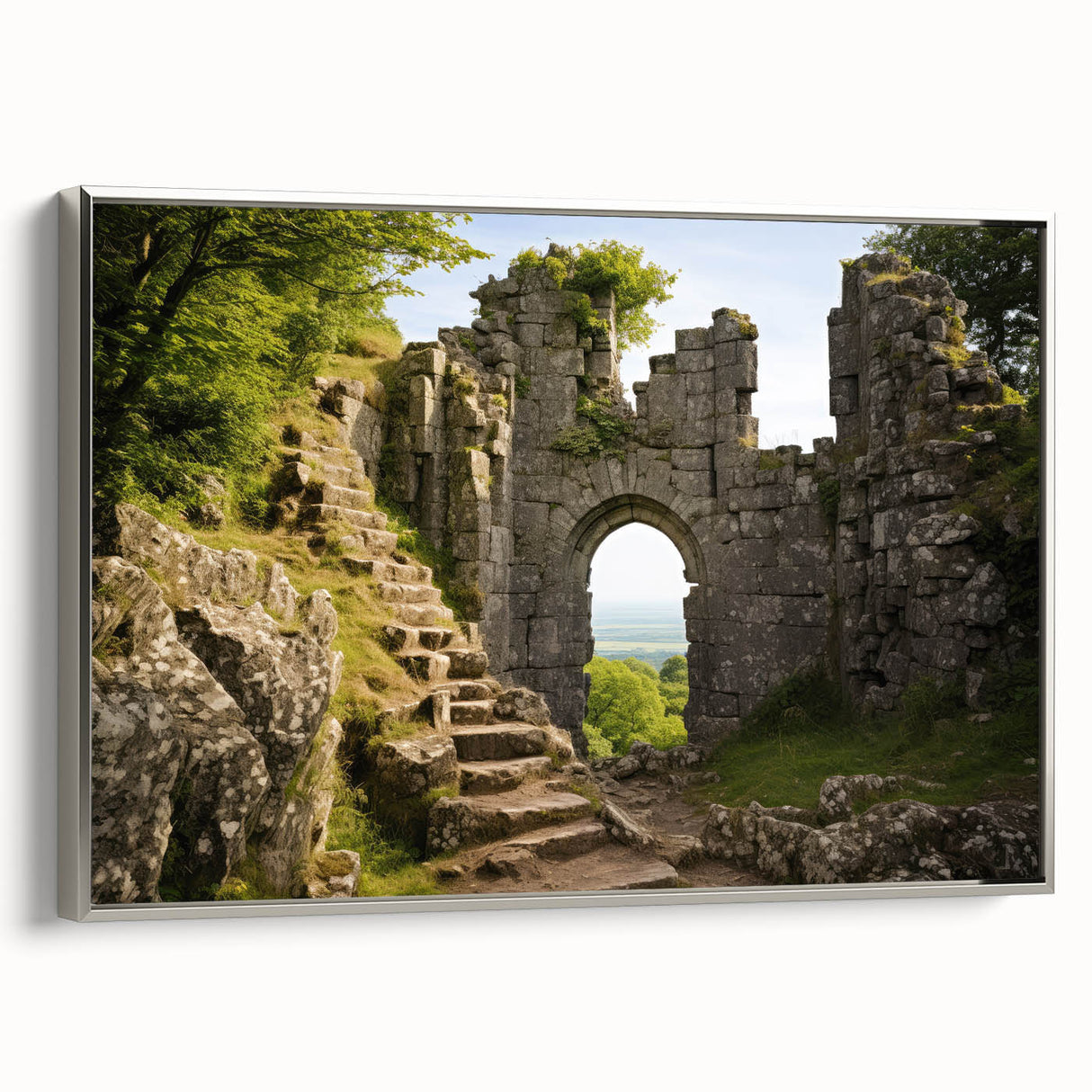 Framed canvas featuring a vintage poster of colorful ancient ruins landscape.