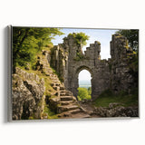 Framed canvas featuring a vintage poster of colorful ancient ruins landscape.