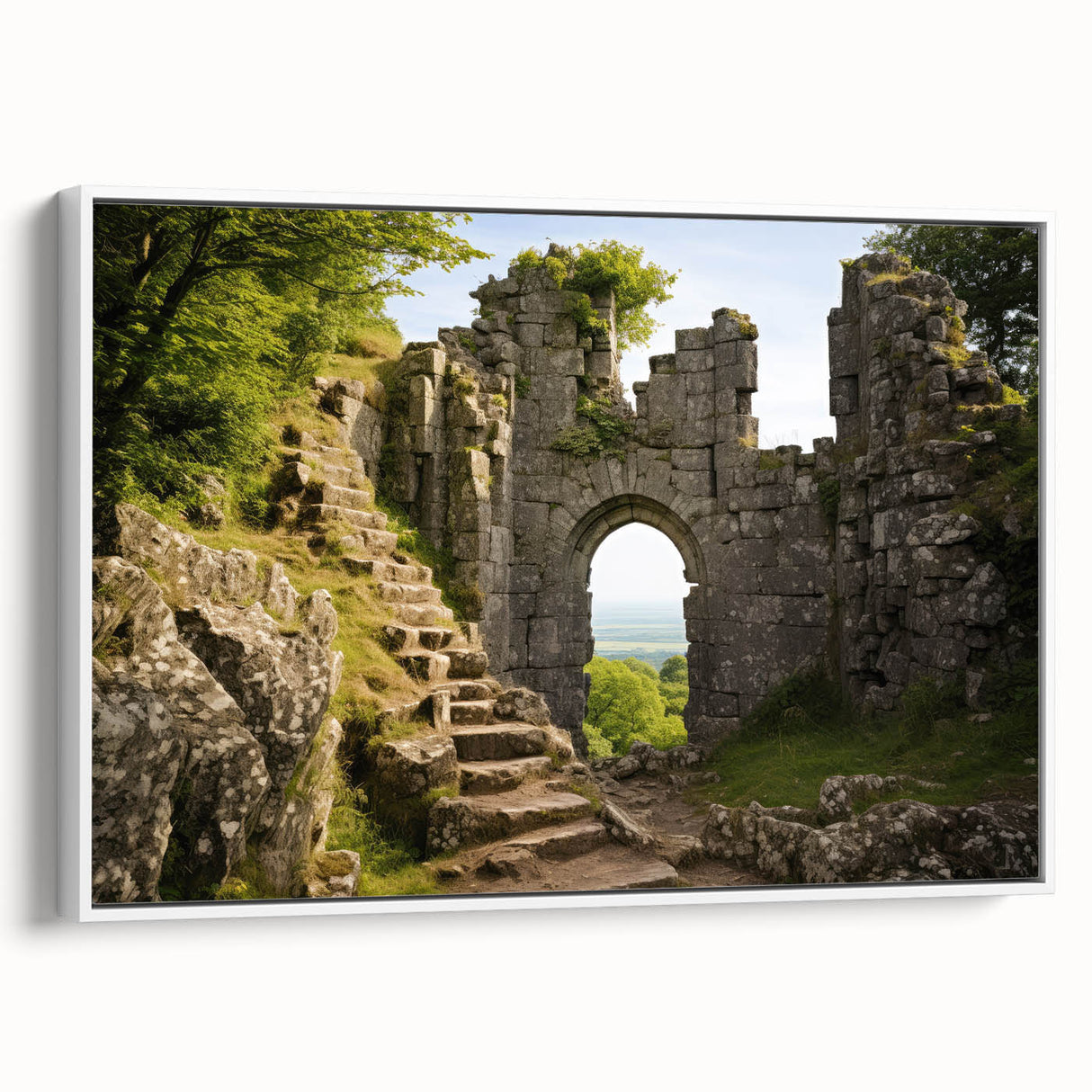 Vintage poster art of ancient ruins in vibrant colors on a white framed canvas, ideal for living room decor.