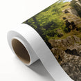 Art deco poster of ancient ruins in muted earth tones on rolled canvas, ideal for nursery wall art.