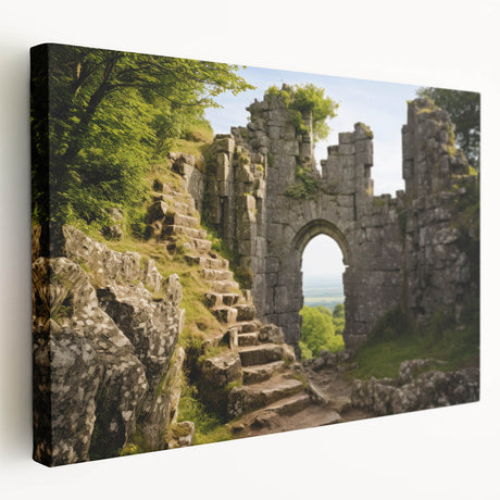 Side view of a large stretched canvas depicting ancient architectural ruins in earthy tones, ideal for kitchen wall art.