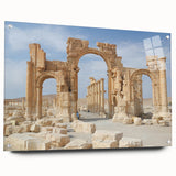 Acrylic print of ancient ruins in warm earth tones, ideal for dining room or bedroom decor.