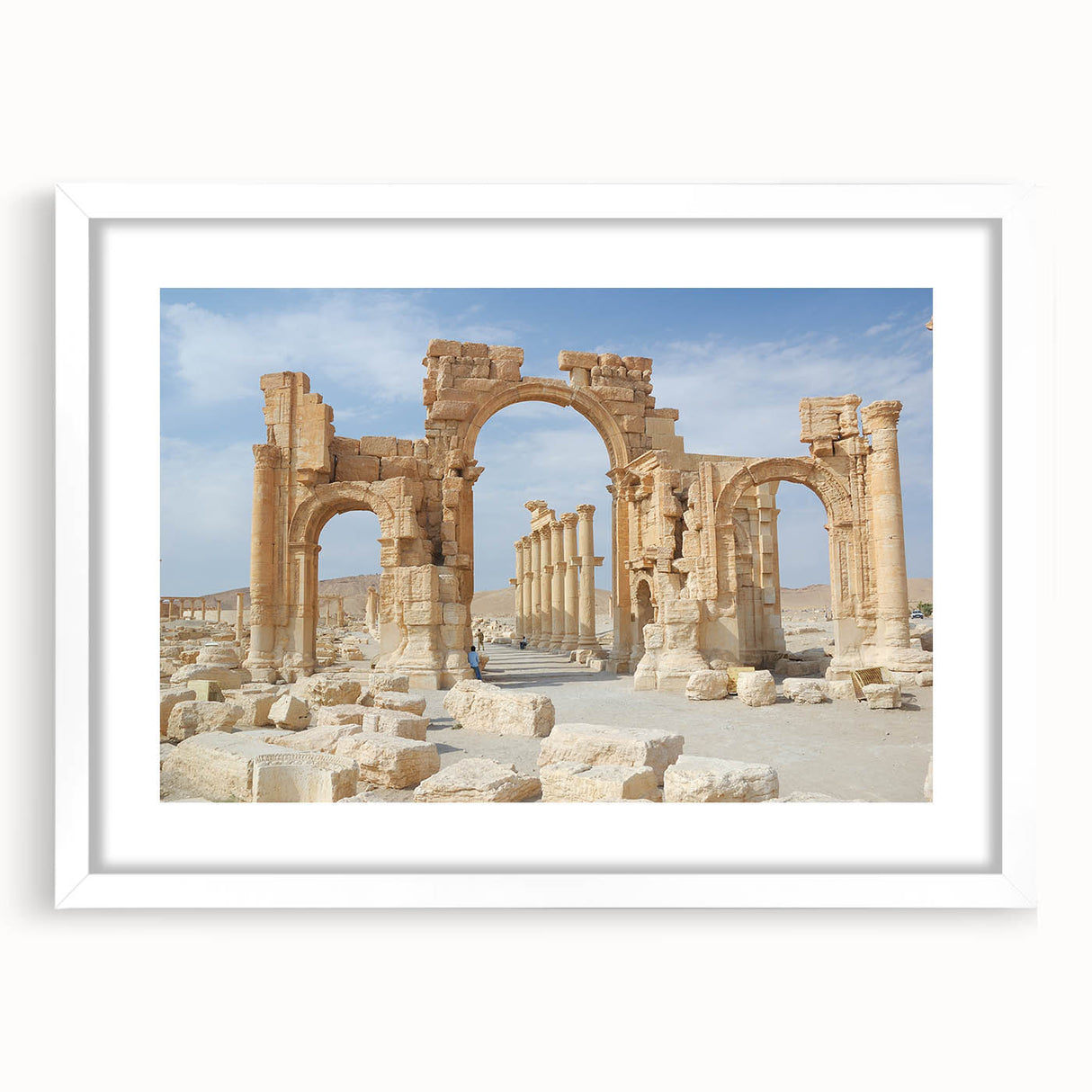 Extra large abstract art print depicting ancient ruins in textured gray and earth tones on a white matted frame.