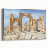 Vintage poster art of ancient ruins in colorful hues on extra large framed canvas, suitable for living room decor.