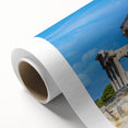 Art deco poster of ancient ruins in muted beige and brown, rolled canvas format.