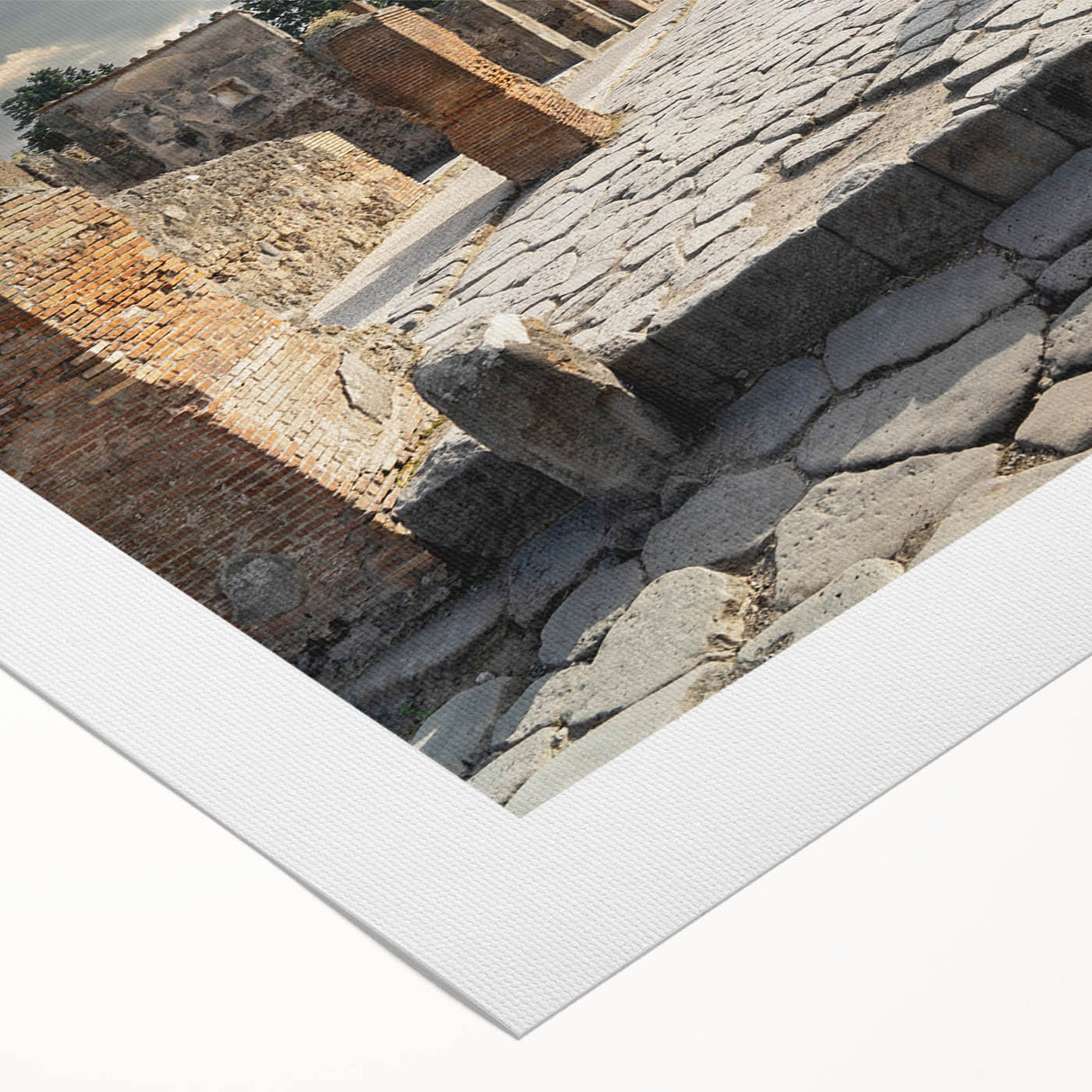 Art deco poster featuring ancient ruins in muted beige and brown tones on rolled canvas, suitable for dining room decor.