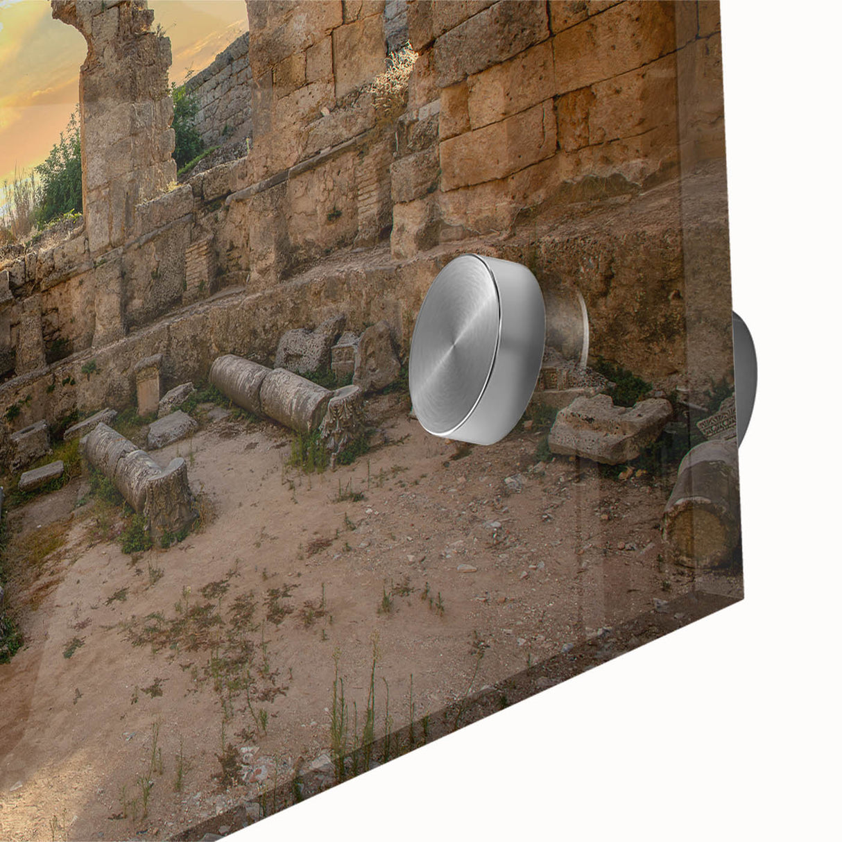 Mid-century modernist large abstract art of ancient ruins in muted earth tones, acrylic print, ideal for dining room art.