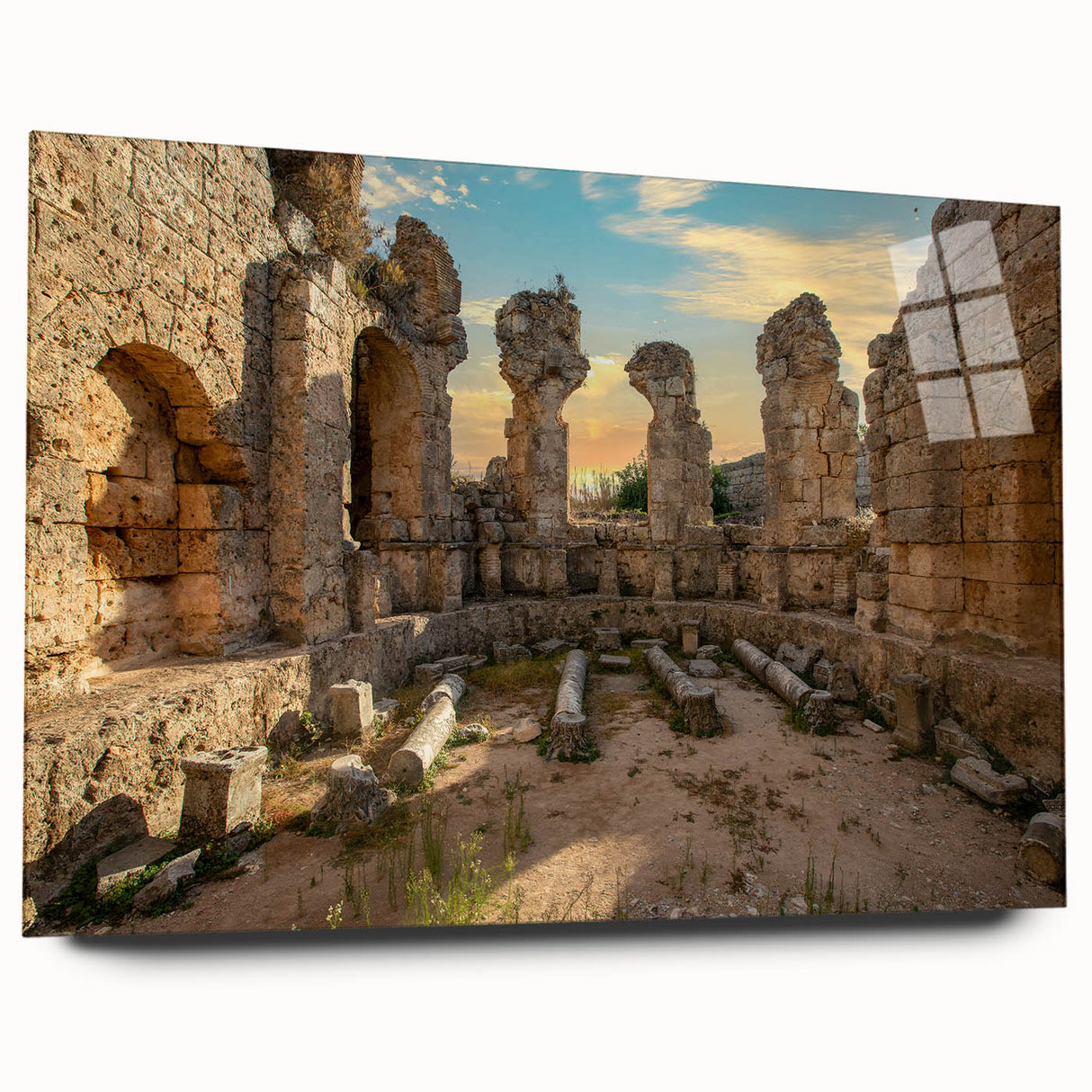 Acrylic print of ancient ruins in muted earth tones, suitable for bedroom or dining room decor.
