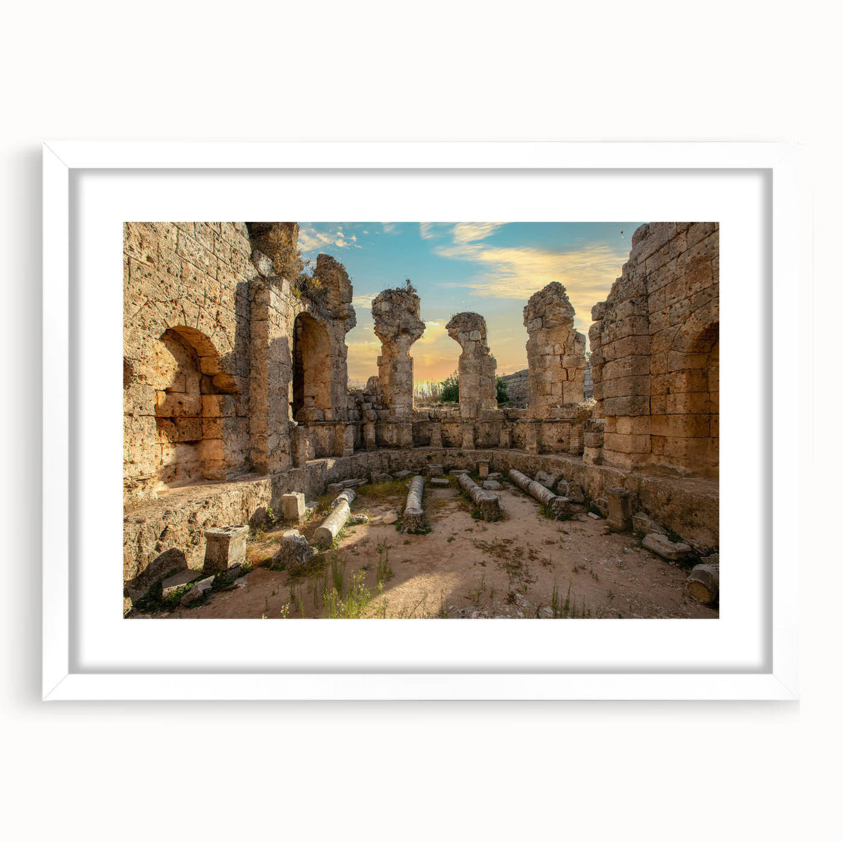 Abstract art print of ancient ruins in muted earth tones on a framed canvas, ideal for dining room decor.