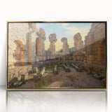 Mid-century modernist acrylic print of ancient ruins in gold frame, featuring muted earth tones.
