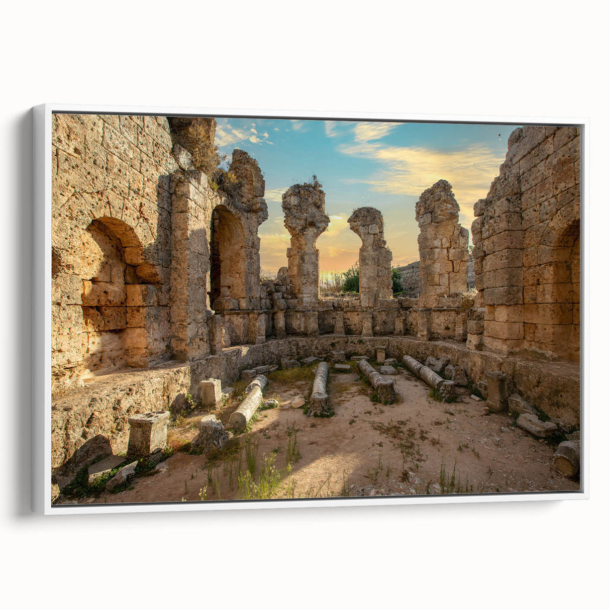 Framed canvas of ancient ruins in black and white, ideal for bedroom wall art with a vintage poster style.