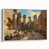 Framed canvas of ancient ruins in black and white, ideal for bedroom wall art with a vintage poster style.