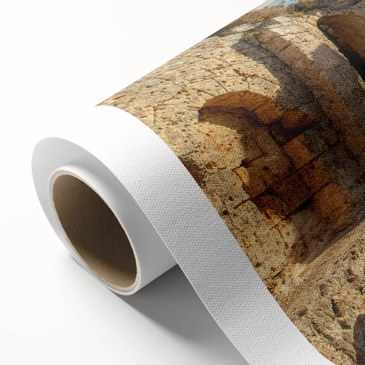 Art Deco poster of ancient ruins in muted earth tones, printed on rolled canvas, ideal for nursery wall art or dining room.
