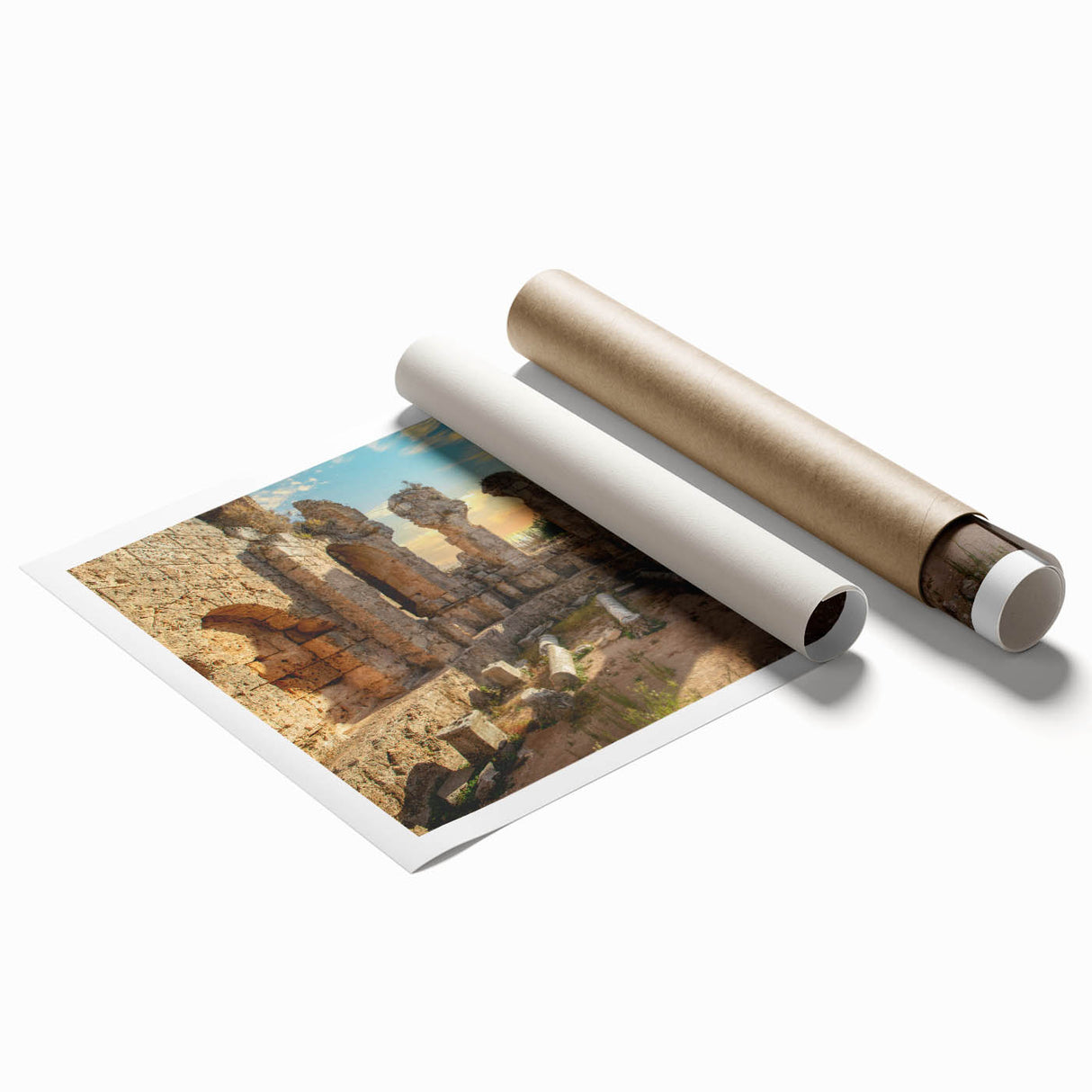 Extra large rolled print of ancient ruins in muted earth tones, ideal for classy bathroom wall art.