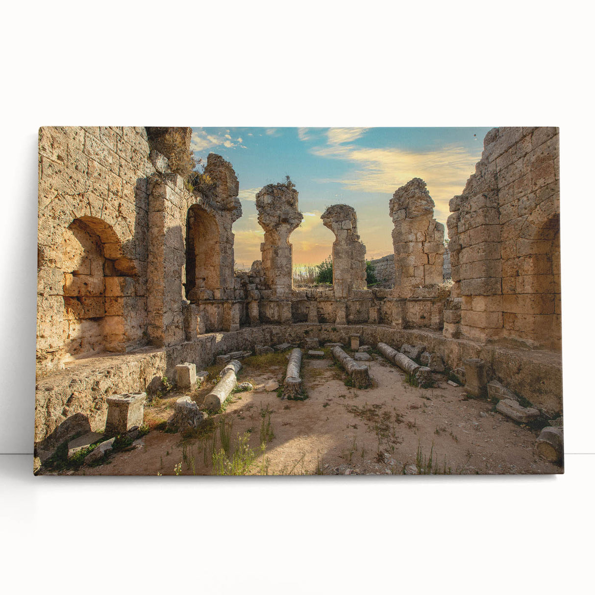 Black and white photo of ancient ruins on large stretched canvas, suitable for kitchen or bedroom wall art.