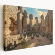 Side view of a stretched canvas depicting ancient ruins in muted earth tones, suitable for kitchen wall art.