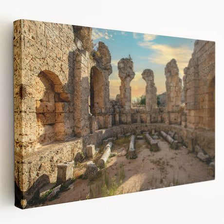 Side view of a stretched canvas depicting ancient ruins in muted earth tones, suitable for kitchen wall art.