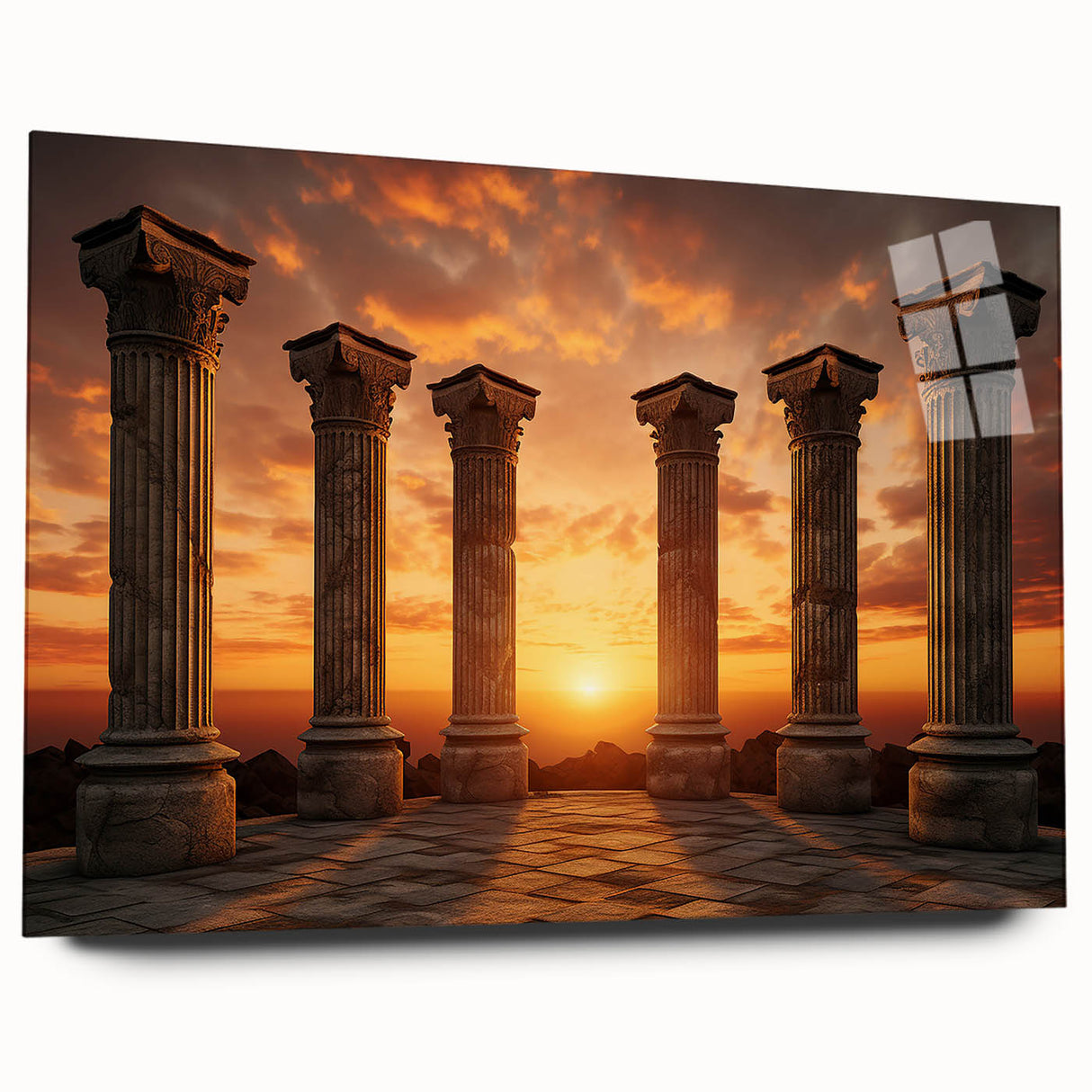 Acrylic print of ancient ruins in muted earth tones, suitable for bedroom or dining room decor.