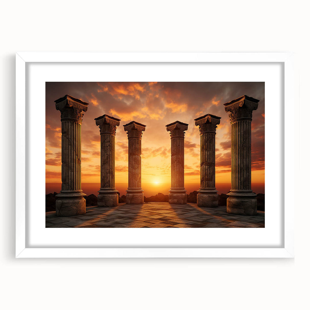 Abstract art print depicting ancient ruins in muted earth tones on a framed white mat, suitable for dining room decor.