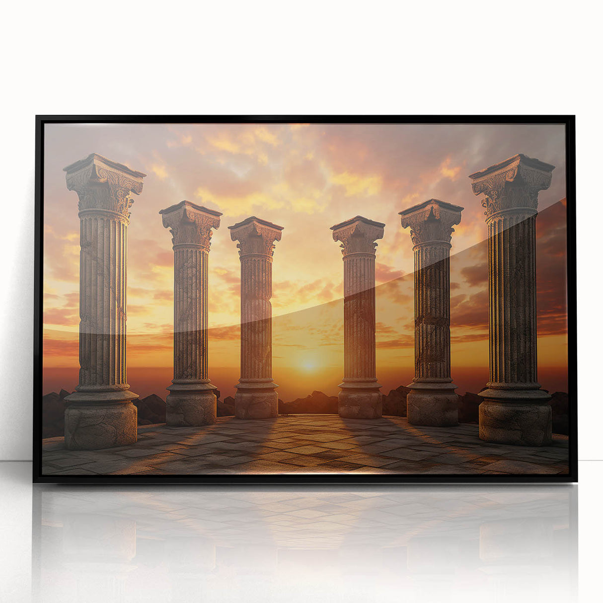 Large abstract wall art depicting ancient ruins in muted earth tones, framed in black acrylic.