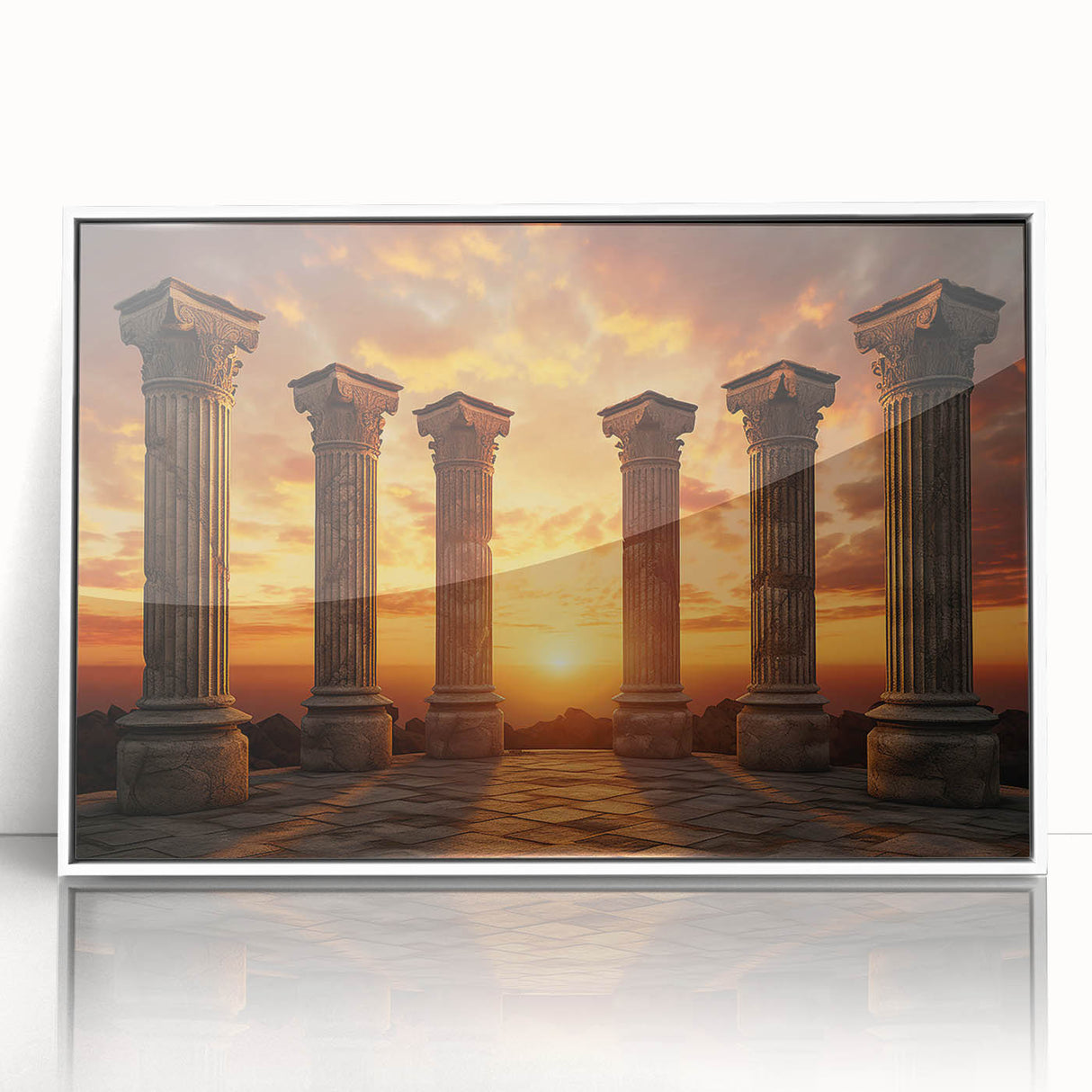 Art Deco poster of ancient ruins in muted earth tones, framed acrylic, ideal for nursery wall art or dining room decor.