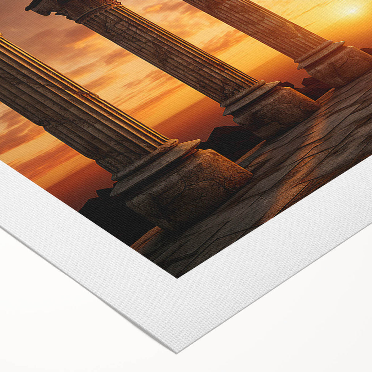 Mid-century modernist art of ancient ruins in muted earth tones on rolled canvas, suitable for nursery wall art.